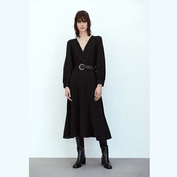 ZARA Black Belted Midi Dress NWT | Blogger Favorite | Long Sleeve Split Hem - Picture 9 of 14